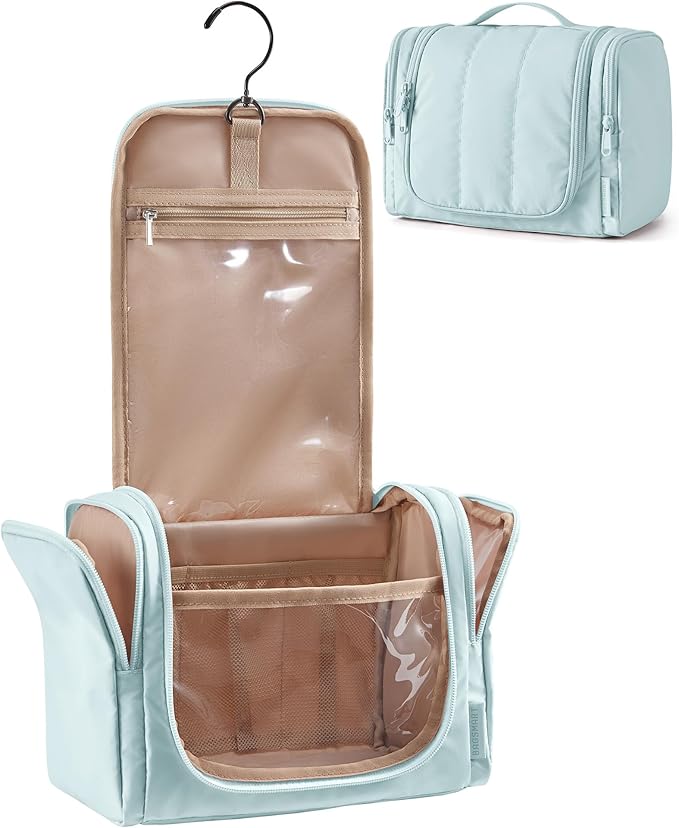 BAGSMART Travel Toiletry Bag for Women, Puffy Hanging Toiletry Bag with Hook, Water-resistant Toiletry Organizer for Full Sized Toiletries (Baby Blue) by BAGSMART