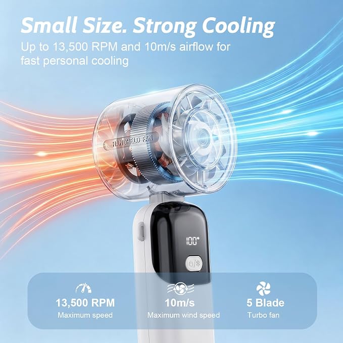 5000mAh Portable Handheld Fan, USB-C Rechargeable Mini Fan with 100 Speeds | Up to 12H Runtime,LED Display,Turbo Strong Airflow, Foldable Desk & Neck Fan for Outdoor Travel, Summer Gifts - Image 3