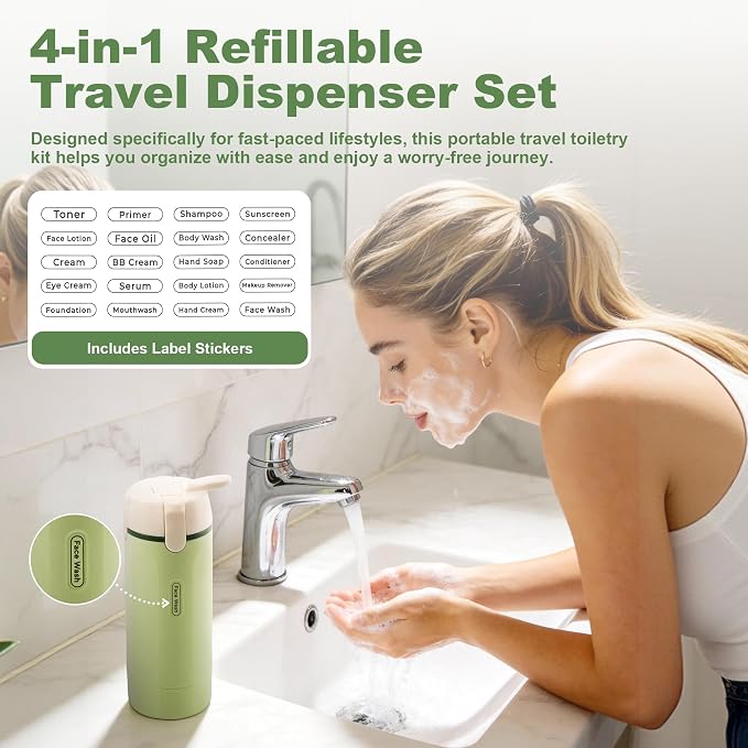 4-in-1 Travel Dispenser, 4 Pack 30ML Travel Bottles with Stickers for Toiletries – TSA Approved Leak Proof Refillable Containers for Shampoo, Conditioner, Creams, Lotions (Green) - Image 4