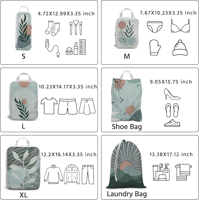 6 Pcs Compression Packing Cubes Waterproof Suitcase Travel Bag Luggage Backpack Organizer Travel Cubes for Packing-Bohemian - Image 4
