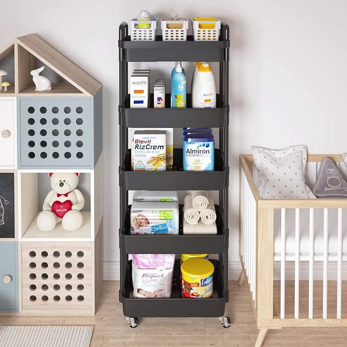 Calmootey 5-Tier Utility Cart with Drawer & Wheels, Storage for Home,Office | Space-Saving Organizer, Sturdy Plastic Shelves, Smooth-Rolling Metal Wheels, Built-in Drawer for Small Items, Black - Image 3