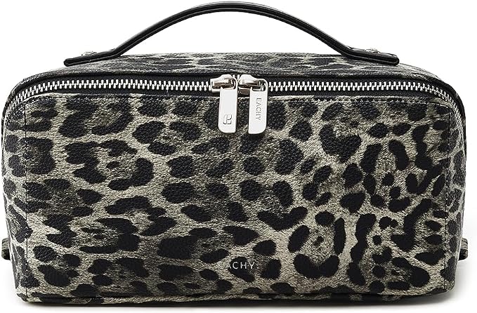 EACHY Travel Makeup Bag for Women, Flat Open Leopard Print Cosmetic Bag | Leopard-print PU leather cosmetic bag opens flat with dividers and clear TPU brush pocket for makeup and travel essentials by EACHY