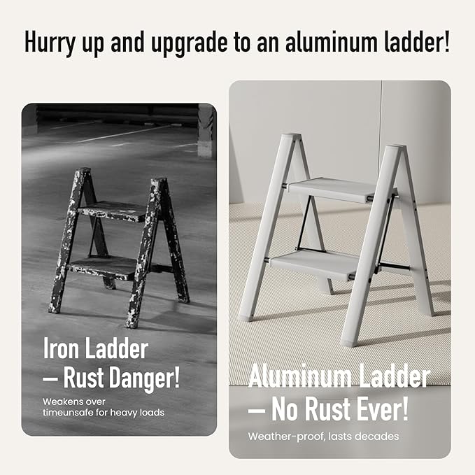 Mayi Plus 2 Step Stool Foldable, Aluminum, Lightweight Step Ladder | Extra-wide anti-slip folding steps with 330 lbs, for home,kitchen,office,outdoor,Grey - Image 3