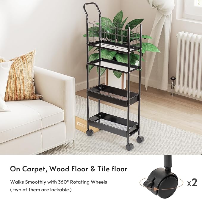 danpinera 4 Tier Slim Cart with Wheels, 7.7’’ Metal Skinny Rolling Storage Cart on Wheels for Kitchen, Bedroom, Office, Laundry Room, Small Narrow Spaces with Hooks and Cups, Black - Image 8