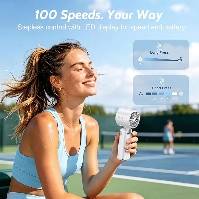 5000mAh Portable Handheld Fan, USB-C Rechargeable Mini Fan with 100 Speeds | Up to 12H Runtime,LED Display,Turbo Strong Airflow, Foldable Desk & Neck Fan for Outdoor Travel, Summer Gifts - Image 4
