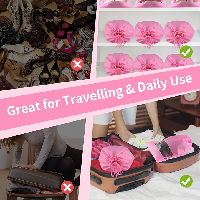 12 Pack Shoe Bags for Travel, Large Travel Shoe Bag for Packing with Window | Dustproof Drawstring Travel Shoe Storage Bags Travel Essentials for Men & Women, Pink - Image 4