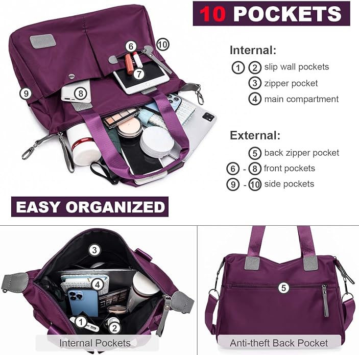 Tote Bag for Women,Multi Pockets Shoulder Handbag,Nurse Bag for Work,Large Cross body Purse,Fashion Nylon Top Handle Satchel - Image 7