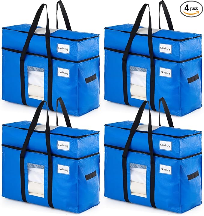 TAILI 2 Tier Moving Bags,4 Blue Silver Storage Bags with Visible Window | XXL Heavy Duty Totes For Home Storage,Wrap Around Handles,Storage Bags for College Dorm, Alternative to Moving Boxes by TAILI