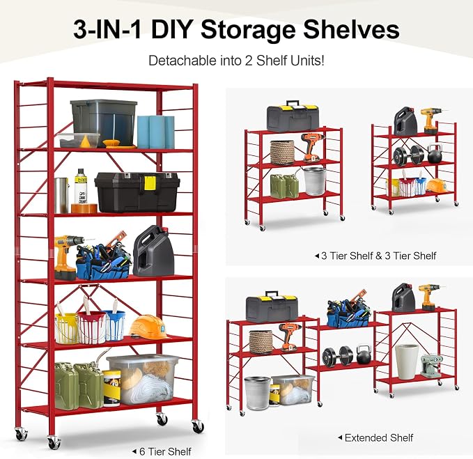 Himix 6-Tier Expandable Storage Shelves Wheels Foldable Shelf Garage Red | Folding shelving units, Metal collapsible organization, Changeable into 2 shelf units, Adjustable, Basement, Holds 3600 Ibs - Image 3