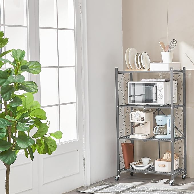 BRIAN & DANY 4-Tier Foldable Storage Shelves with Wheels, Folding Metal Rack Shelving Unit, Heavy Duty No Assembly Organizer Shelf for Garage, Kitchen, Basement, Pantry, Gray - Image 8
