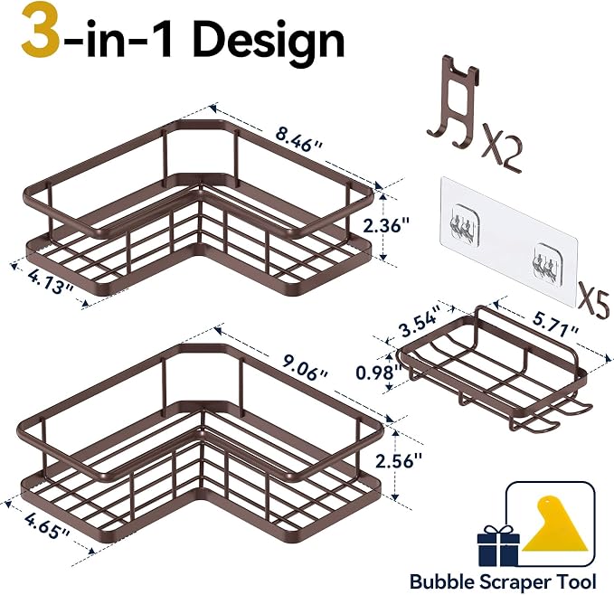 Corner Shower Caddy Adhesive, 100% Rustproof Shower Organizer with Soap Holder, No Drill Shower Shelf for Inside Shower, Wall-Mounted Shower Storage for Homes (3 Pack, Bronze) - Image 2