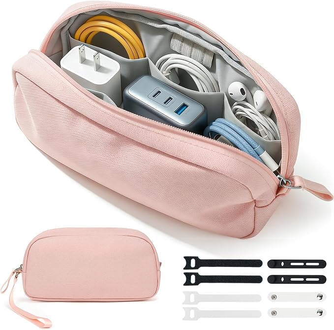 Travel Electronics Organizer Bag, Pink Waterproof Tech Case | Features 8 compartments for 3ft+ cords, padded Oxford fabric, compact 8.66x5.12x2.36 inch size, and 8 cable ties. by Woyinger
