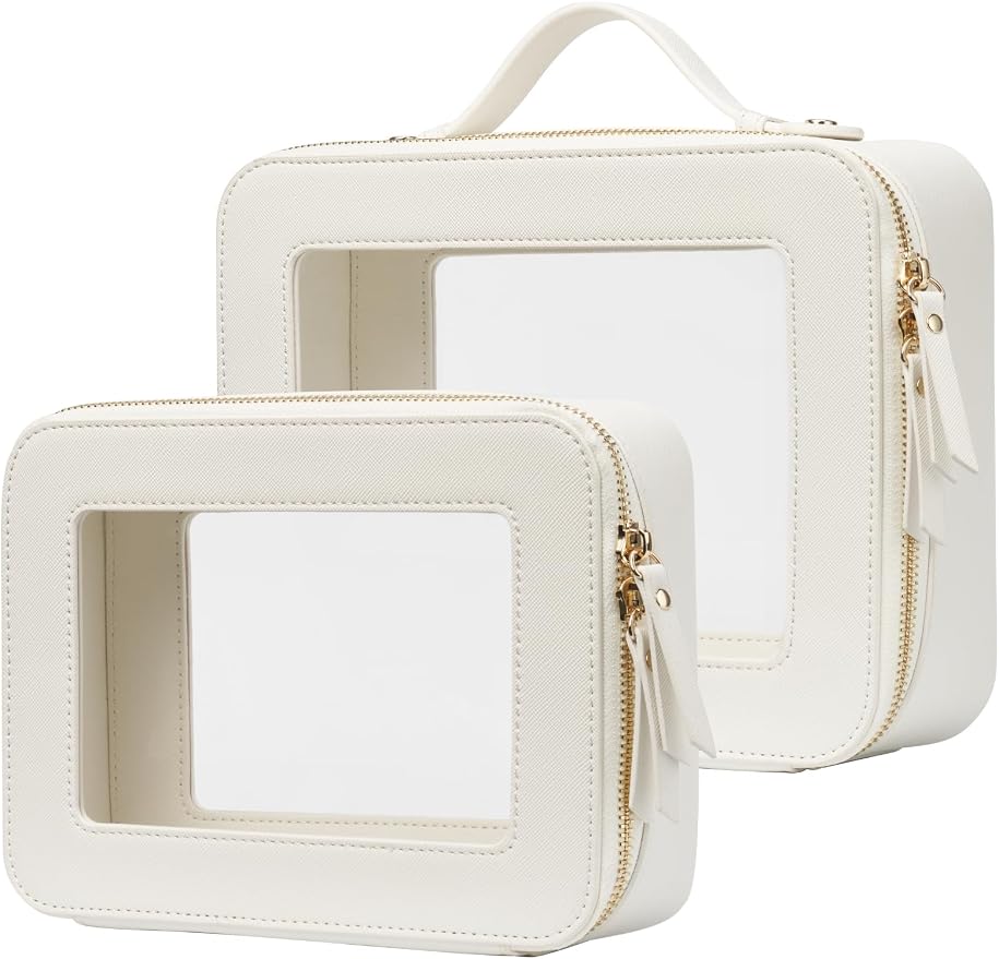 Clear Toiletry Bag 2 Pack, Travel Makeup Bag Medium and Large White | Structured Clear Cosmetic Case with Zipper, Car Essential Organizer Bag for Women, Waterproof PU Leather, Wide Open Portable by POPVIBE