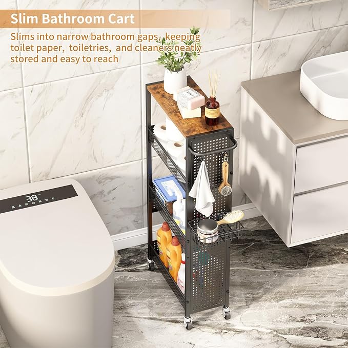 Slim Storage Rolling Cart: 4-Tier Narrow Metal and Wood Utility Cart with Wheels for Kitchen/Laundry/Bathroom(Black) - Image 5