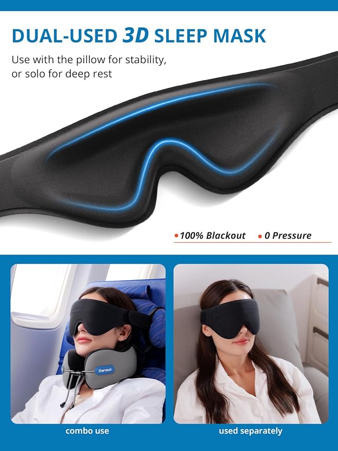 SARISUN Travel Neck Pillow for Airplane with Head Support Strap and 3D Eye Mask, Dual Density Foam Neck Support Airplane Travel Pillow for Long Flights/Car Road Trips/Office Naps, Black - Image 6