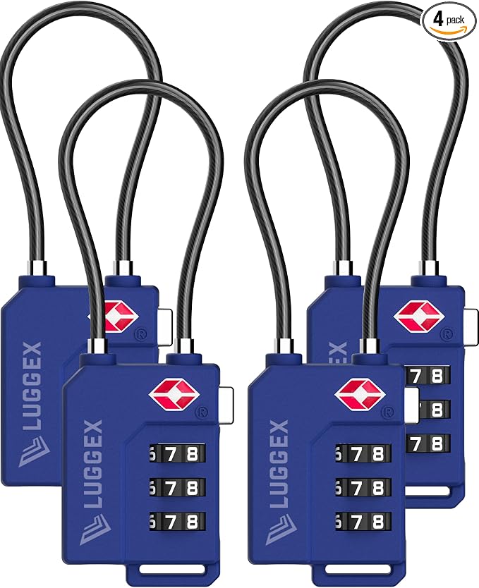 LUGGEX 4 Pack TSA Locks for Luggage, Luggage Locks TSA Approved | Suitcase Locks in Gift Box, Ultra-Light 33g Combination Cable Locks, Easy-Read Dials for Suitcase Backpack Gym, Blue by LUGGEXLUGGAGE