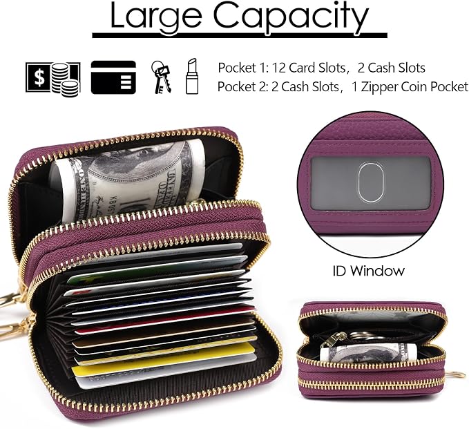 imeetu RFID Credit Card Holder, Small Card Wallet Women, Leather Card Case | Genuine Leather Women's Card & id Cases, Change Coin Purse with Zipper Keychain id Window, 20 Colors & 3 Styles, Daily, Gifts - Image 4