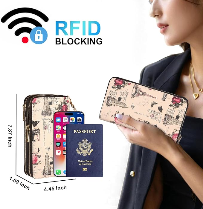 RFID Wallet for Women with Cellphone Pocket - Double Zipper Wristlet Purse Large Capacity, 17 Card Slots, Coin Pocket, ID Window, Effel Tower Flower - Image 2