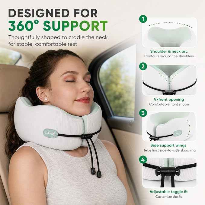 Memory Foam Travel Neck Pillow for Airplane Travel, Head and Chin Support, Adjustable Strap, Washable Cover, Carry Case - Image 7