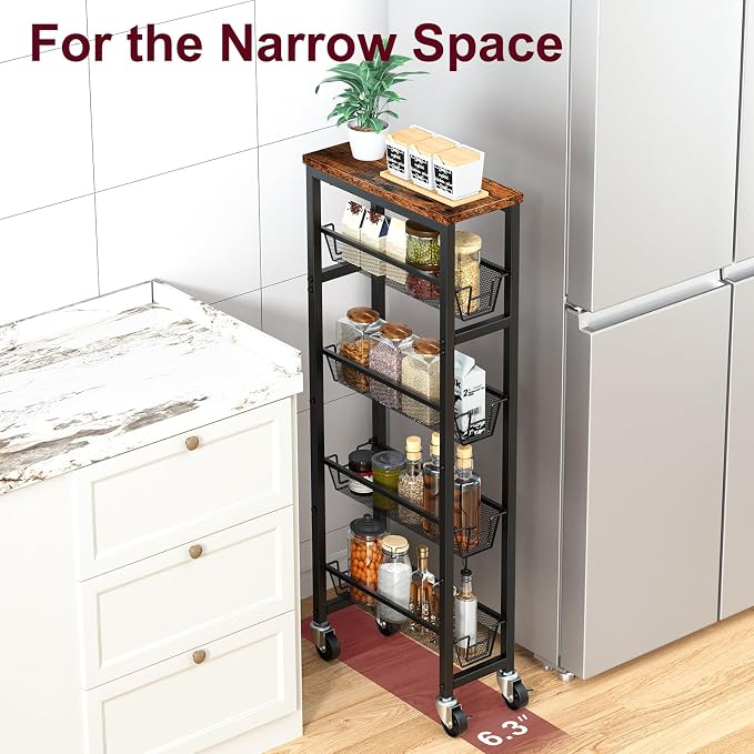 Honest Slim Storage Cart 4-Tier Slim Rolling Cart with Metal Frame and Wooden Top, 6.3 Inches, Storage Cart for Kitchen, Dining Room, Living Room, Bathroom, Home Office, Rustic Brown and Black - Image 7
