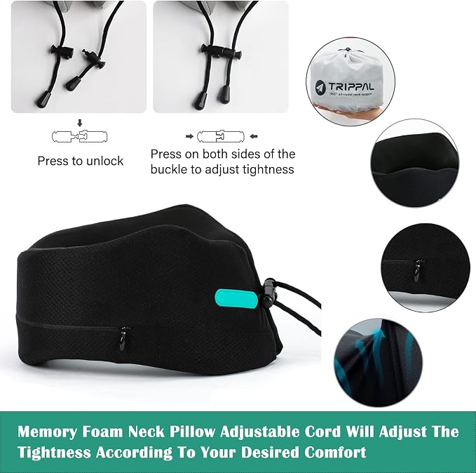 GOLDORANGE Travel Pillow Neck Chin Head Support 100% Pure Memory Foam Neck Pillows for Long Flights Airplane Car Office Sleeping Rest Portable Plane Accessories Black S - Image 4