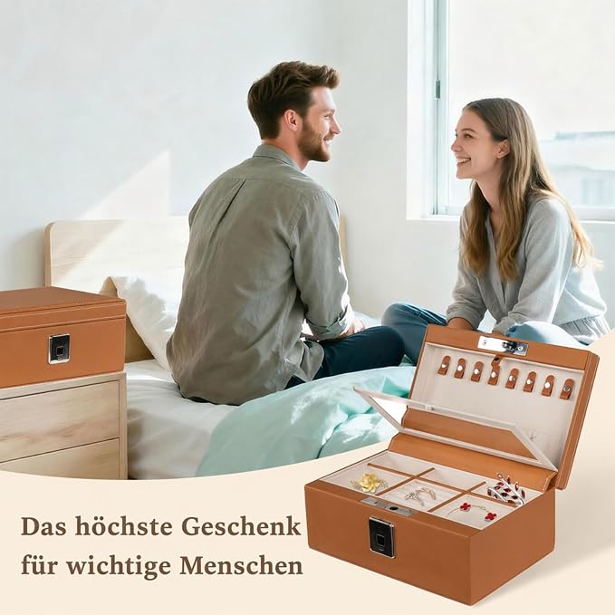Jewelry Safe, Biometric Fingerprint Safe, Leather Wrapped Jewelry Box with Lock & Mirror, Ultra-Lightweight Jewelry Box Suitable for Home Use & On-the-Go(Three-Tier Brown) - Image 9