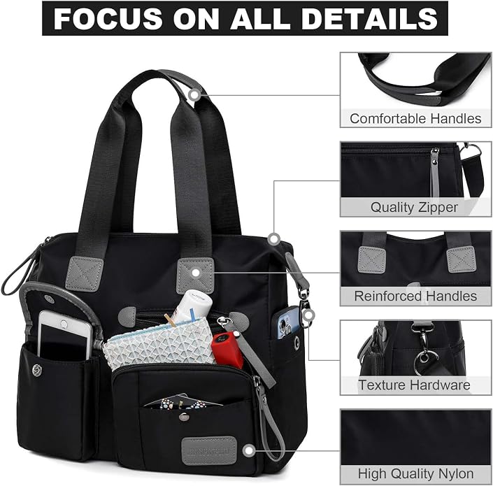 Tote Bag for Women,Multi Pockets Shoulder Handbag,Nurse Bag for Work,Large Cross body Purse,Fashion Nylon Top Handle Satchel - Image 5