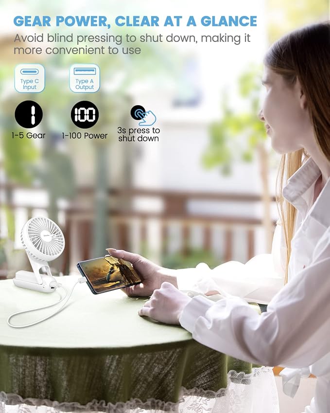EasyAcc Portable Hand Held Fan, Ultra Quiet 5 Speed Personal Fan, LED Dispay USB C Rechargeable Handheld Fan, 180° Foldable Small Desk Fan, Electric Cooling Fan&PowerBank for Office Home Travel… - Image 3
