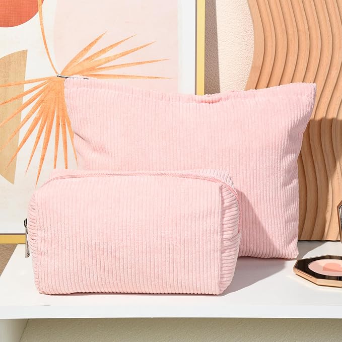 SOIDRAM 2 Pieces Makeup Bag Large Corduroy Cosmetic Bag Capacity Canvas Mix Travel Toiletry Bag Organizer Cute Makeup Brushes Aesthetic Accessories Storage Bag for Women, Corduroy Mix Pink - Image 6