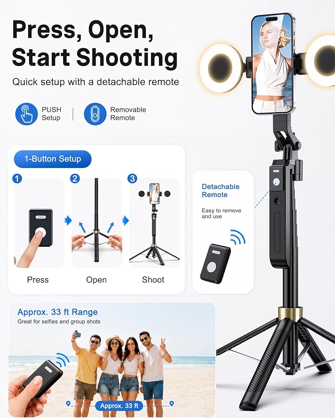 UBeesize 70" Auto Face Tracking Phone Tripod for iPhone & Camera with Light | 360° Auto Follow, Selfie Stick Mode, Dual Mini Ring Lights & Remote for Video Recording, Live Streaming and Content Creation - Image 8