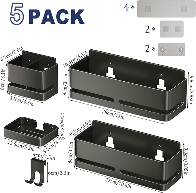 Bathroom Shower Caddy,No Drill Shower Shelves(5-piece Set-Grey) | Wall-mounted shelf with soap dish and toothbrush holder, ideal for bathroom storage and also suitable for kitchen - Image 2