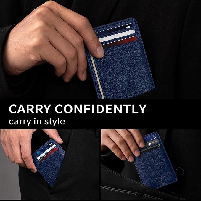 Slim Minimalist Front Pocket RFID Blocking Leather Credit Card Holder, Small Compact Wallet with ID Window for Men and Women (Blue) - Image 4