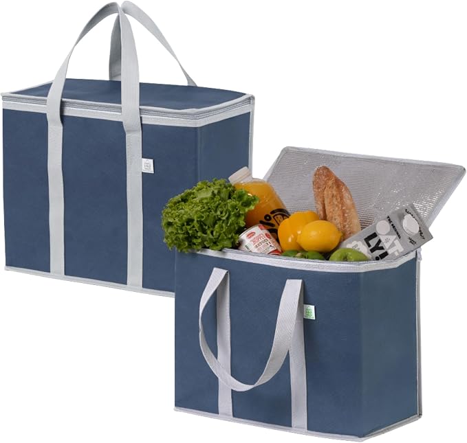 VENO 2 Pack Cooler Bag Insulated Grocery Bags for Food Delivery Heavy Duty | Large Collapsible Cooler, Reusable Shopping Tote w/ Zippers, Foldable, Stands Upright, for Picnic Camping (Dark Blue, 2 Pack) by Veno