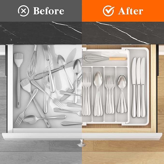 Lifewit Expandable Silverware Drawer Organizer, Kitchen Utensil Tray | BPA-free Plastic Flatware Cutlery Holder, Space-Saving Storage for Spoons Forks Knives, 8.5-14 x 12 x 1.5“, White - Image 4