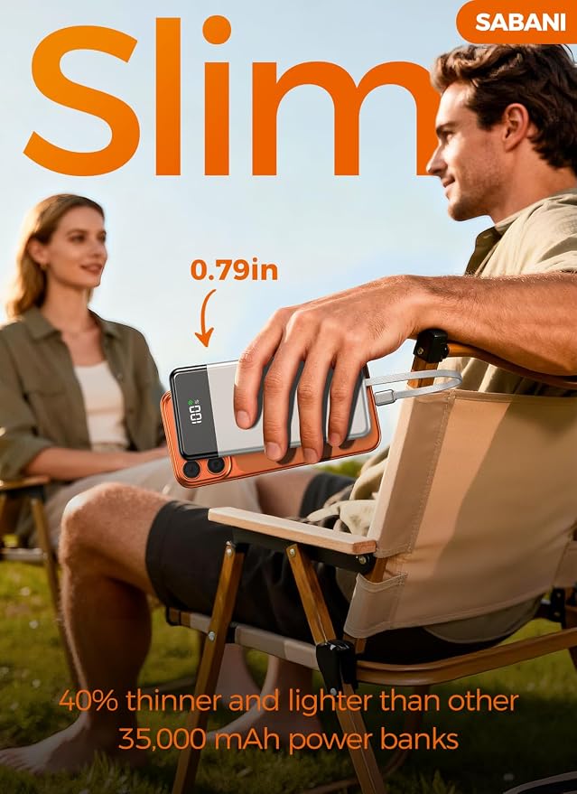 SABANI Portable Charger 35000mAh Power Bank, 4 Built in Cable Big Capacity | Ultra Slim, 22.5W Fast Charge, Travel Camping Essential, USB C External Battery Pack for iPhone Samsung Android, Silver - Image 5
