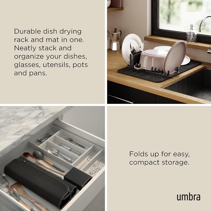Umbra Udry Dish Drying Rack with Microfiber Mat, Foldable Drainer, Black | Machine washable, protects countertops, utensil holder, compact space saving design - Image 4