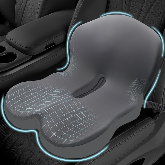 Memory Foam Seat Cushion for Sciatica & Back Pain Relief - Ergonomic Chair Pad with Adjustable Strap & Supportive Comfort Cover, Non-Slip for Car, Truck, Office Chair - Dark Gray by MosxoedEnjoyLife