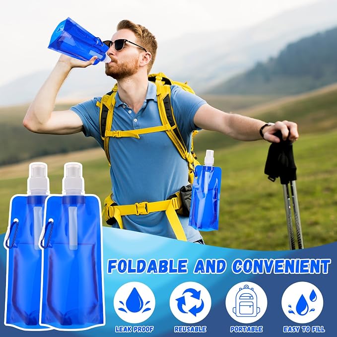Teenyyou 24 Pack Collapsible Water Bottles Bulk 16oz Foldable Water Bottles with Carabiner Reusable Drinking Leak Proof Container Bags for Sport Biking Hiking Camping Travel Outdoor (Blue) - Image 5