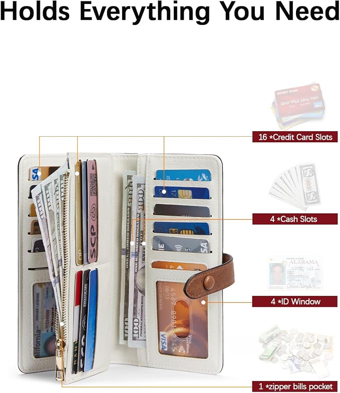 BOSTANTEN Womens Leather Wallet RFID Large Capacity Credit Card Holder | 4 ID Windows, 16 Card Slots, Zipper Coin Pocket, Clutch Wallet, Long Bifold, Ladies Gifts, Beige＆Brown - Image 3