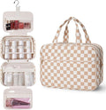 Narwey Hanging Travel Toiletry Bag for Women Checkered Makeup Bag Organizer Cosmetic Make up Toiletries Bag for Travel Essentials Accessories (Light Brown Checkerboard, Large) by Narwey