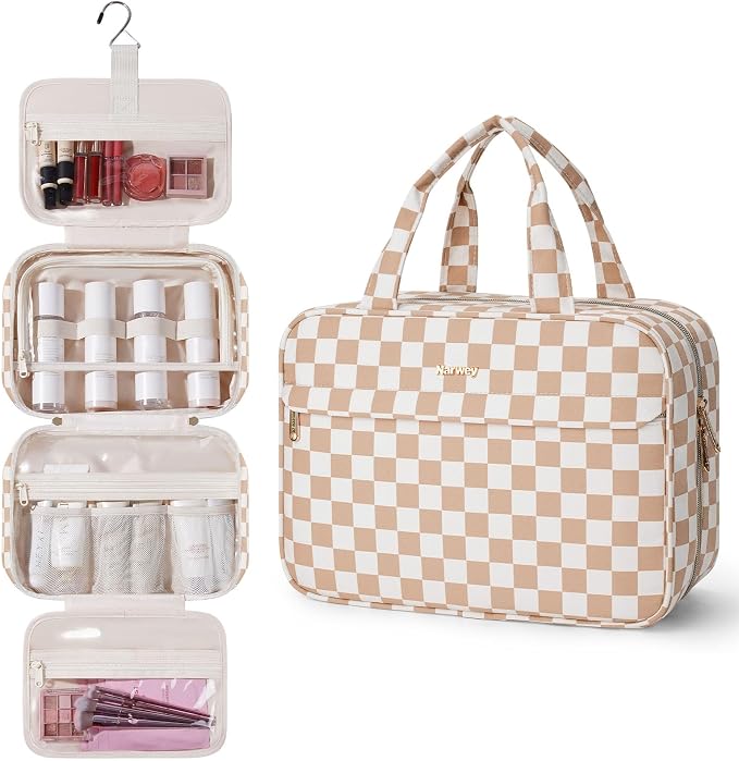 Narwey Hanging Travel Toiletry Bag for Women Checkered Makeup Bag Organizer Cosmetic Make up Toiletries Bag for Travel Essentials Accessories (Light Brown Checkerboard, Large) by Narwey