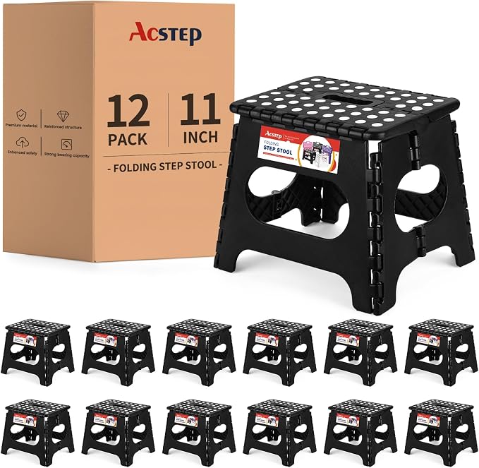 12 Pack 11 Inch Folding Step Stool, Sturdy Plastic Foldable Step Stool for Kids & Adults, Non Slip Lightweight Collapsible Foot Stools Holds 300 lbs, Ideal for Kitchen, Bathroom, Outdoor, Black by ACSTEP