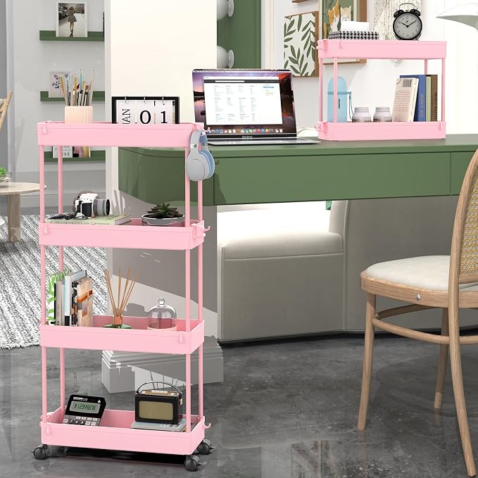 SPACEKEEPER Slim Rolling Storage Cart, 4 Tier Bathroom Cart Organizer, Pink | Narrow Rolling Cart with Wheels for Kitchen Office Bathroom Laundry Room,Mobile Utility Cart for Craft Art Makeup Nail Polish - Image 3
