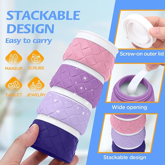 16 Pack Travel Bottles for Toiletries, TSA Approved Travel Size Toiletries Containers Set, BPA-Free Silicone Leak Proof Refillable Bottles Stackable Creams Jars Accessories Kit W/Clear Bag(Purple) - Image 5