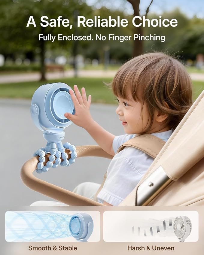 SWEETFULL Portable Stroller Fan, Pinch-Proof Baby Fan - Blue | Wide Turbine Airflow; Safe Design; LED Display; 5-Speed; 30dB Quiet; USB-C Rechargeable; Mini Clip On Fan for Car Seat & Bed - Image 2