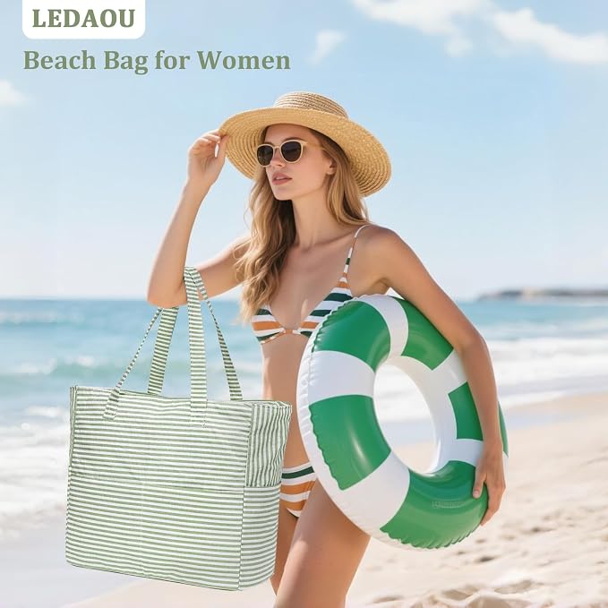 LEDAOU Large Beach Bag for Women, Waterproof Sandproof Tote Bag with Zipper | 36L Pool and Swim bag with Zipper, Wet/Dry pocket and 7 Pockets for Beach Days, Cruises, Vacations and Family travel - Image 2