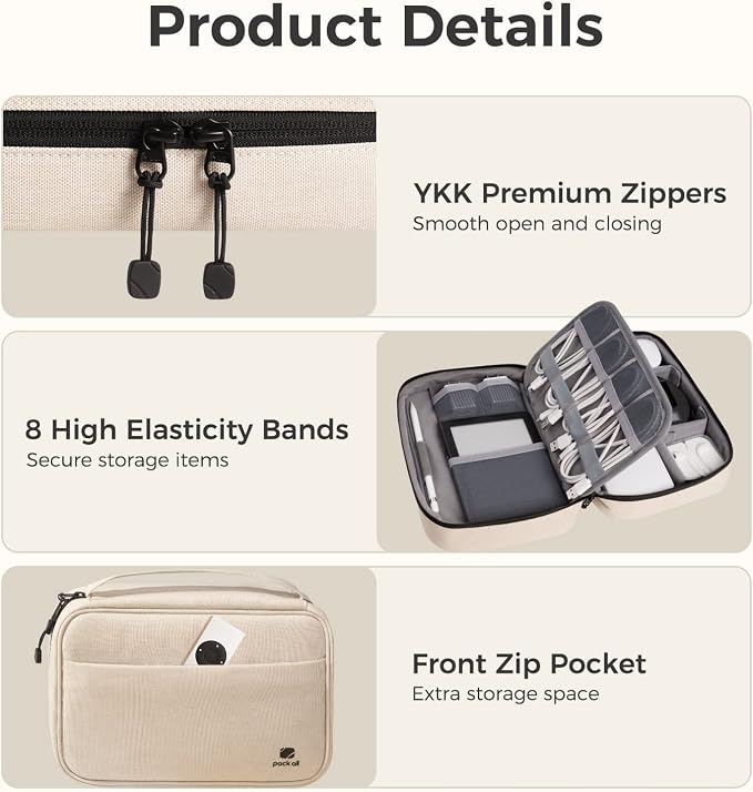 pack all Electronic Organizer Plus, Shockproof Cable Organizer Bag | Large Capacity, Water-resistant, Portable & Durable, Travel Tech Pouch for Chargers, Phones, USB Cords, Beige - Image 7