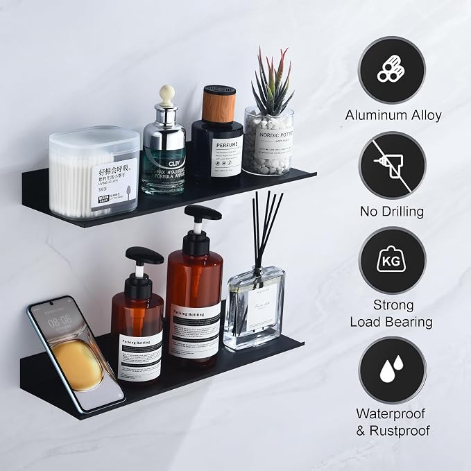 HNVNER Adhesive Bathroom Shelves 2 Pack, Black Floating Wall Shelf 40cm | Metal Shower Caddy, Aerospace Aluminum, Renter-friendly, Rustproof & Waterproof, Drill/No Drill, Supports 5kg - Image 4