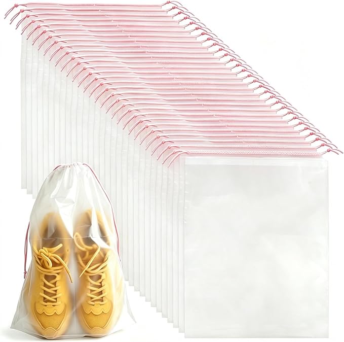 PLULON 32Pcs Clear Shoe Bags Waterproof Drawstring bulk for Travel Storage | 15.7" x 11.8" Transparent Storage Plastic Bag Shoes Organizer for Packing Dustproof Beach Vacation Cruise Travel Essentials by PLULON