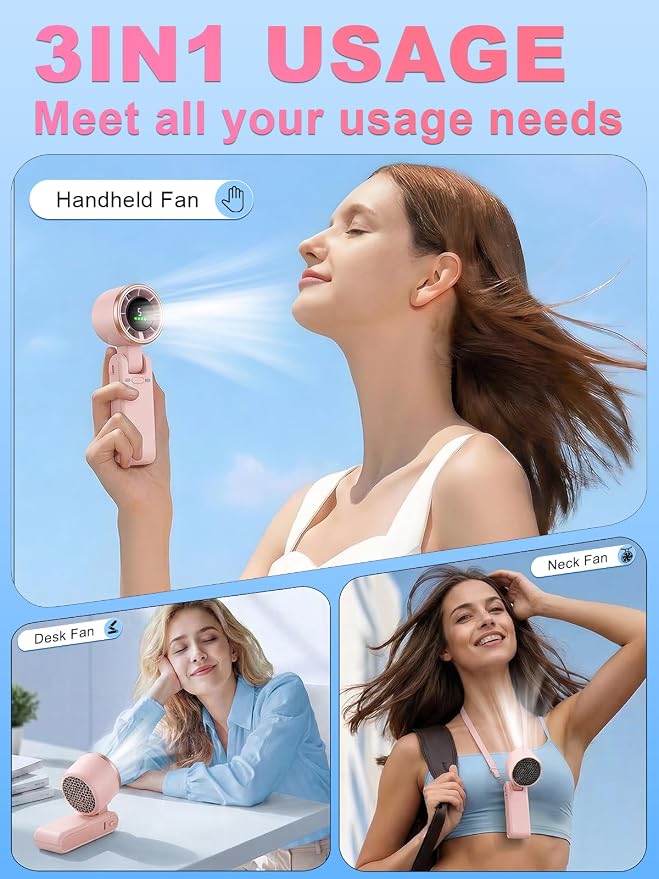Portable Handheld Turbo Fan, 5 Gear Wind, Battery Operated, Up to 13 Working Hours Rechargeable Fan, 3 IN 1 Hand Fans with Air Turbo Tech Cooling Fan for for Travel, Beach, Outdoor - Pink - Image 4